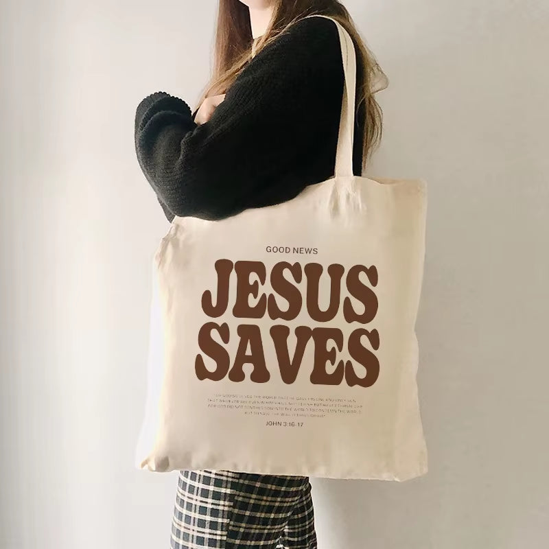 Cood News Jesus Saves Pattern Canvas Shoulder Tote Bag Casual Shopping Tote Christ Religion Christian Faith Shopper Handbag