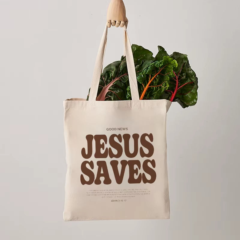 Cood News Jesus Saves Pattern Canvas Shoulder Tote Bag Casual Shopping Tote Christ Religion Christian Faith Shopper Handbag