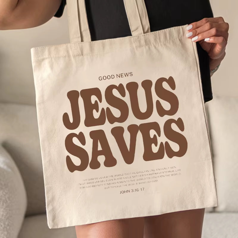 Cood News Jesus Saves Pattern Canvas Shoulder Tote Bag Casual Shopping Tote Christ Religion Christian Faith Shopper Handbag