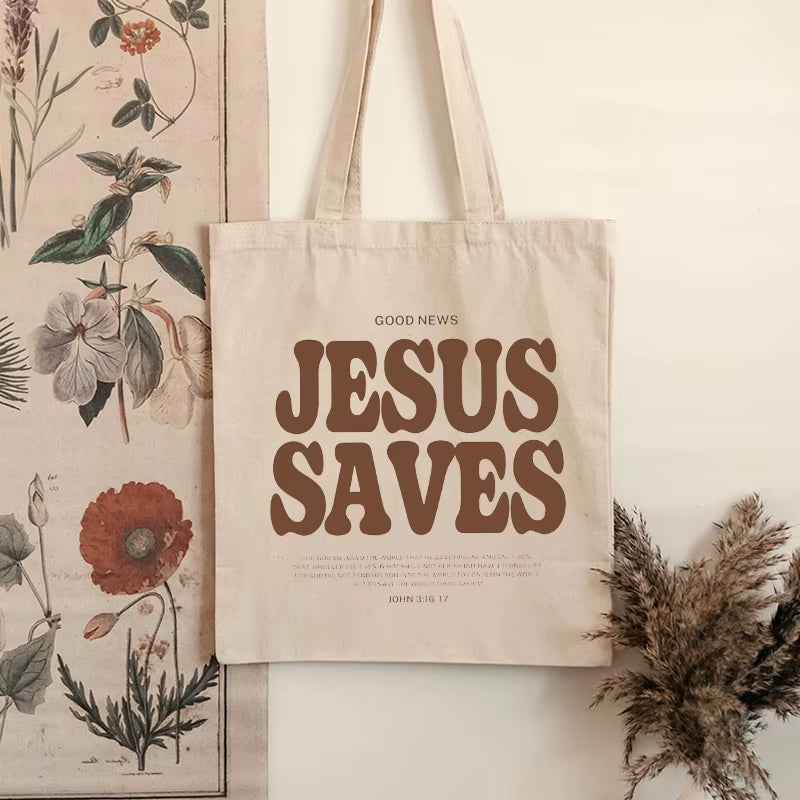 Cood News Jesus Saves Pattern Canvas Shoulder Tote Bag Casual Shopping Tote Christ Religion Christian Faith Shopper Handbag