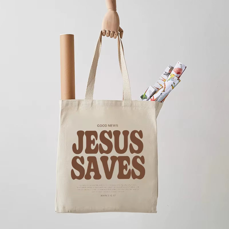 Cood News Jesus Saves Pattern Canvas Shoulder Tote Bag Casual Shopping Tote Christ Religion Christian Faith Shopper Handbag